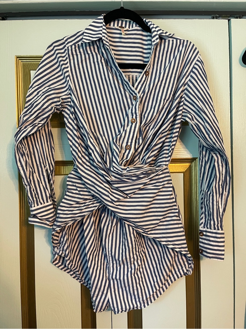 Free People Women's Blue and White Striped Twist-Front Long Sleeve Romper